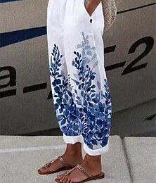 abordables -Chinos de Lino para Mujer Vacaciones Vintage Estilo Étnico Largo hasta el Tobillo Cintura Alta Gráfico Floral Hoja Bolsillo Suave Exterior Transpirable Inelástico Casual Diaria Vacaciones Blanco-Azul