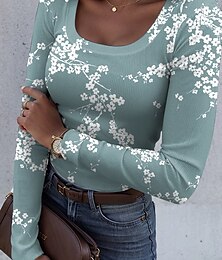 baratos -Mulheres Camiseta Floral Gráfico Moda Clássico Casual Manga Longa Decote Quadrado Tops regulares Diário Imprimir Verde Claro Azul empoeirado Roxo Verde Primavera Outono