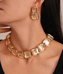 economico -Set di gioielli da donna in cristallo dorato: collana girocollo con strass e orecchini pendenti per un look glamour da festa e da sera