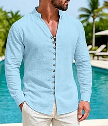 voordelige -Voor heren Overhemd Linnen overhemd Zomer overhemd Normaal shirt Overhemd met knopen Effen Vakantie Curise Zwart Wit Blozend Roze Oranje Lange mouw Mandarijn Kraag Zomer Lente Kleding