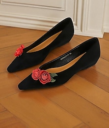 ieftine -Balerini de damă din piele întoarsă bordo - model floral cu trandafiri brodați, pantofi eleganți cu vârful ascuțit, pentru ieșiri casual, petreceri în grădină și întâlniri romantice