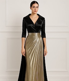 abordables -Vestido de noche elegante de corte A en dorado negro, vestido formal para boda, largo hasta el suelo, manga larga, solapa, champán, vestido de madre de la novia, satén con pliegues brillantes 2025