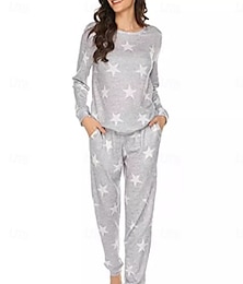 billige -Dame Pyjamas Sett Fritid Komfort Stjerne Elastisk midje T skjorte Bukse Hjem Daglig Langermet Crew-hals Hvit Rosa Sommer Vår Høst Normal
