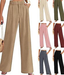 baratos -Mulheres Perna larga Calças Roupa de rua Casual Comprimento total Natural Tecido Bolsos Cintura elástica Confortável Feriado Roupa Diária Final de semana Cinzento Preto Verde Tropa cáqui Outono Normal