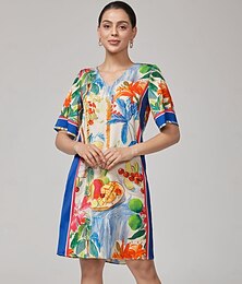 abordables -mini-robe droite à col en V et imprimé floral fruité