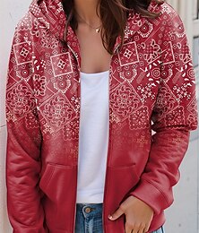 baratos -Jaqueta com Zíper para Mulheres Gráfico Geométrico Paisley Moda Casual de Manga Longa com Capuz Tops Regulares Roupas Diárias Estampada com Bolso Vermelho Azul Roxo Verde Primavera Outono