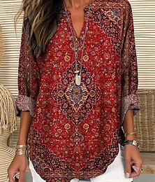 levne -Dámská blůza tunika s V výstřihem dlouhým rukávem Boho ležérní grafika paisley vintage tropické běžné topy každodenní nošení potisk červená modrá zelená