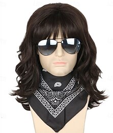 economico -Parrucca da uomo stile mullet, stile anni '70 e '80, costume, nero, castano, lunga, riccia, ondulata, da rocker, disco, parrucche divertenti (solo parrucche)