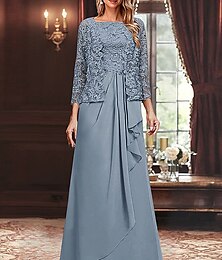 abordables -Deux Pièces Ligne A Robe de Mère de Mariée  Élégant Simple Minimaliste Col carré Longueur au sol Chiffon Dentelle à Cordon Sans manches Manche 3/4 avec Plis Froncé Volants en Cascade 2025