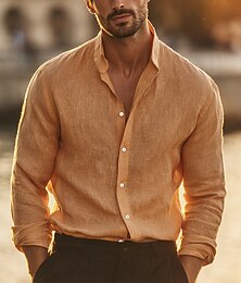 voordelige -Voor heren Overhemd Linnen overhemd Overhemd met knopen Effen Vakantie Casual Roze blauw Bruin Donker Grijs Lange mouw Opstaande boord Zomer Herfst Kleding Knop