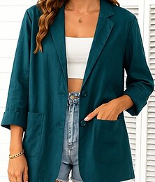 abordables -Blazer en coton et lin pour femme, confortable, respirant, avec poches, décontracté, uni, pour le bureau, la rue, décontracté, à simple boutonnage, coupe classique, rabattue, coupe classique, manches longues, vêtements d'extérieur, blanc, vert, beige, été