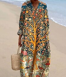 economico -Per donna Abito Midi Vestito Casual Abito Stampato Moda Moderno Quotidiano Spiaggia Weekend Vestibilità regolare Albero Manica Lunga Scollo a V Giallo Blu Arancione Blu scuro Primavera Autunno