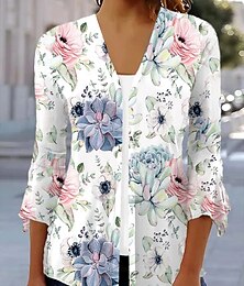 economico -Per donna Camicia Floreale Grafico Elegante Vintage Quotidiano Manica 3/4 Scollo a V Top Regolari Quotidiano Uscire Volant Bottoni Bianco Rosa Blu Estate Primavera Autunno