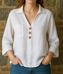 economico -Per donna Camicie di cotone e lino Semplice Essenziale Moderno Manica 3/4 Colletto a Camicia Top Regolari Quotidiano Tasca Bottoni Bianco Giallo Rosa Azzurro cielo Estate Primavera Autunno