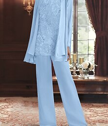 economico -Completo pantalone 3 pezzi per madre della sposa abito elegante scollo rotondo lunghezza sottoveste poliestere maniche lunghe con perline