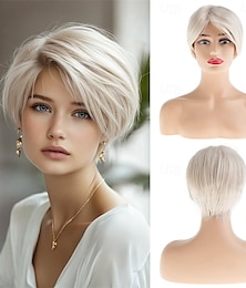 baratos -Peruca curta loira da Sallcks para mulheres brancas, peruca de cabelo sintético com camadas pixie de aparência natural para festa diária de Halloween