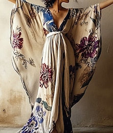 levne -Dámské dlouhé šaty maxi šaty boho šaty ležérní šaty swingové šaty letní šaty vintage prázdninové denní plážové šaty regular střih květinový střih 3/4 rukáv výstřih do V khaki léto jaro podzim