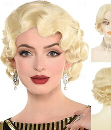 economico -Parrucca bionda con onde sulle dita per donna, corta, stile anni '20, riccia, in fibra sintetica naturale resistente al calore, per cosplay e uso quotidiano.