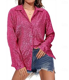 economico -Per donna Blusa Top con paillettes Brillante Quotidiano Elegante Manica Lunga Colletto a Camicia Top Regolari Quotidiano Ferie Paillettes Argento Nero Vino Blu Viola Primavera Autunno