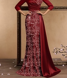 abordables -Robe de Soirée Sirène  Trompette Élégante Robe Formelle Mariage Traîne Balai  Traîne à Balai Manches 3/4 Col V Satin avec Plis