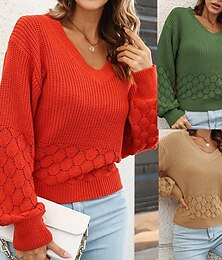 economico -Per donna Maglione Casual Tinta unica Spesso Scollo a V Lavorato a maglia Manica Lunga Top Regolari Maglia Quotidiano Ferie Uscire Giallo Arancione Autunno Inverno