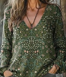 levne -Dámské Halenka Květinový Čechy Vinobraní Dlouhý rukáv Do V Běžné topy Denní Dovolená Tisk Travní zelená Světle zelená Fialová Armádní zelená Rubínově červená Léto Jaro Podzim