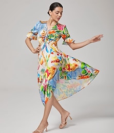 abordables -Femmes Féminin Robe Décontractée Robe Midi Arc-en-ciel Manche Courte Floral Été Printemps Inter-saisons Col en V Vacances Bohème XS S M