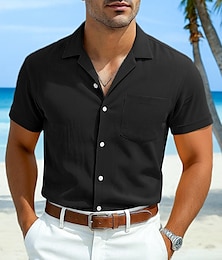 economico -Per uomo Camicia bianca di cotone Camicia Estiva Camicia casual Camicia in cotone e lino Camicia con colletto cubano Semplice Vacanza Casuale Nero Giallo Blu marino Verde Manica Corta Collo Camp