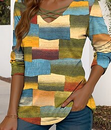 economico -Per donna Maglietta Grafico Geometrico Vintage Elegante Moderno Manica Lunga Scollo a V Top Regolari Quotidiano Taglio Stampato Blu Viola Verde Primavera Autunno