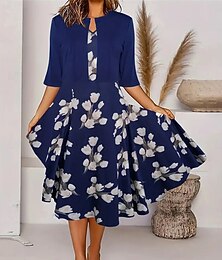 economico -Per donna Insieme del vestito Abito a trapezio Abito Estivo Casual Abiti semi formali Floreale Grafico Stampato Abito Midi Mezza Manica Girocollo Vacanza Data Blu marino Estate Primavera Vestibilit