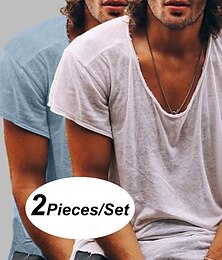 abordables -Homme T-shirt Style décontracté T-shirt en bambou Manche Courte Col ras du cou Printemps & Été Toutes saisons Uni Mode Occasionnel Confortable 2 pièces 2 Paquets Bord écru Occasionnel Plage Rue Bleu