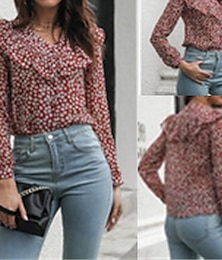 economico -Per donna Top estivi Top in chiffon Floreale Quotidiano Elegante Essenziale Manica Lunga Scollo a V Top Regolari Lavoro Quotidiano Ferie Volant Stampato Rosso Estate Primavera