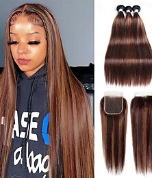 abordables -Lot de 3 extensions de cheveux humains lisses avec fermeture T1B-4/30#, 30 à 71 cm, pour femmes noires