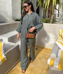 abordables -Ensemble chemise et pantalon vintage élégants pour femmes, 100 % coton, manches longues, col chemise, couleur unie, vacances, bureau, travail, noir, blanc, vert armée, été, coupe régulière