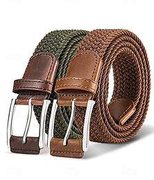abordables -Cinturón trenzado elástico para hombre: cinturón ajustable de poliéster tejido con ribete de cuero y hebilla de metal para uso casual, golf y actividades al aire libre.