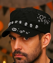 economico -berretto militare da uomo in cotone con teschio borchiato – cappello regolabile in stile punk rock per Halloween, cosplay, feste e streetwear casual