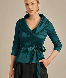 abordables -Femmes Chemisier Hauts de soirée Élégant Métallique Moderne Manche 3/4 Col en V Hauts Réguliers robe demoiselle d honneur Soirée Semi-Formel Nœud devant Vert Emeraude Printemps, Automne, Hiver, Été
