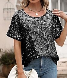 ieftine -Pentru femei Tricou Stralucitor Modă Modern Manșon scurt Stil Nautic Topuri obișnuite Zilnic Sfârșit de săptămână Paiete Argintiu Negru Roz Îmbujorat Roșu Vin Trifoi Vară