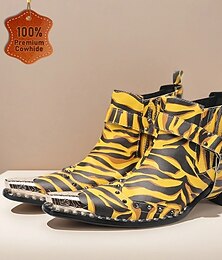 abordables -Botas con estampado de tigre amarillo para hombre: llamativas botas de piel de vaca con un patrón llamativo para un estilo audaz, perfectas para usar con estilo y para fiestas.