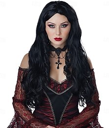 abordables -Perruque longue et bouclée de vampire gothique noire – cheveux bouclés effrayants pour Halloween, cosplay, costumes de vampire et accessoires de fête de jeu de rôle