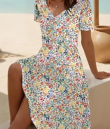 billige -Dame Mini kjole T skjortekjole Solkjole Kjole med A-linje Ferie Fritid Strandstil Daglig Ferie Strand Normal Nyanse Blomstret Grafisk Kortermet V-hals Gul Blå Lilla Fuksia Sommer