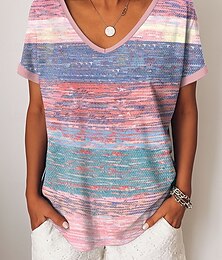 baratos -Mulheres Camiseta Gráfico Geométrica Listrado Vintage Casual Manga Curta Decote V Tops regulares Diário Final de semana Roupas de férias Imprimir Rosa Azul Roxo Verde Verão Primavera