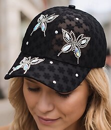 economico -Cappellino da baseball da donna in rete traspirante con strass floreali - elegante design a farfalla, ideale per il tempo libero, le attività all'aperto e le feste