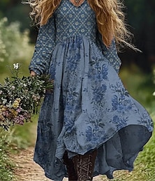 abordables -Femmes Robe maxi Robe d'Été Robe Plissée Vacances Occasionnel Boho Sortir Plage Fleuri Graphique Paisley manche longue Col en V Vert foncé Vin Gris foncé Bleu Été Printemps