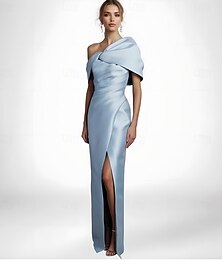 abordables -Vestido de noche elegante con capa y lazo negro, corte tubo/columna, para boda, largo hasta el suelo, sin mangas, hombros descubiertos, satén elástico con pliegues y abertura 2025