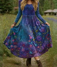 economico -Per donna Abito maxi Abito aderente e svasato Vacanza Casual Boho Feste Quotidiano Uscire Vestibilità regolare Floreale A Pois Manica Lunga Girocollo Blu Azzurro cielo Viola Verde Autunno Inverno