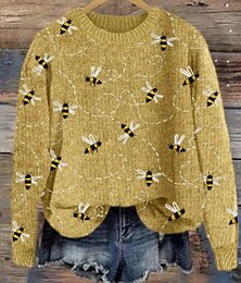 levne -Dámské Svetr Na běžné nošení Měkké Grafika Rýhovaný Tričkový Pletený Tisk Dlouhý rukáv Běžné topy Plést Venkovní Denní Víkend Žlutá Trávová zelená Podzim Zima