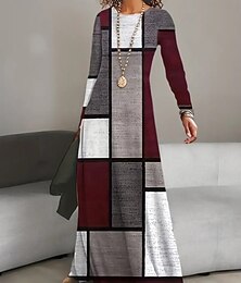 preiswerte -Damen Maxikleid T-Shirt-Kleid A Linie Kleid Sommerkleid Urlaub Lässig Strand Täglich Normale Passform Grafik Geometrisch Abstrakt Langarm Rundhalsausschnitt Wein Frühling Herbst Winter