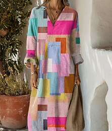 economico -Per donna Abito Midi Vestito Casual Vestito Estivo Abito a trapezio Vacanza Casual Boho Feste Ferie Spiaggia Vestibilità comoda Grafico Geometrico Manica Lunga Scollo a V Rosa Blu Arancione Estate