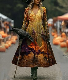 economico -Halloween Per donna Abito maxi Abito a trapezio Vacanza Casual Boho Spiaggia Vestibilità regolare Floreale Grafico Hocus Pocus Manica Lunga Scollo a V Giallo Verde scuro Viola Arancione Primavera